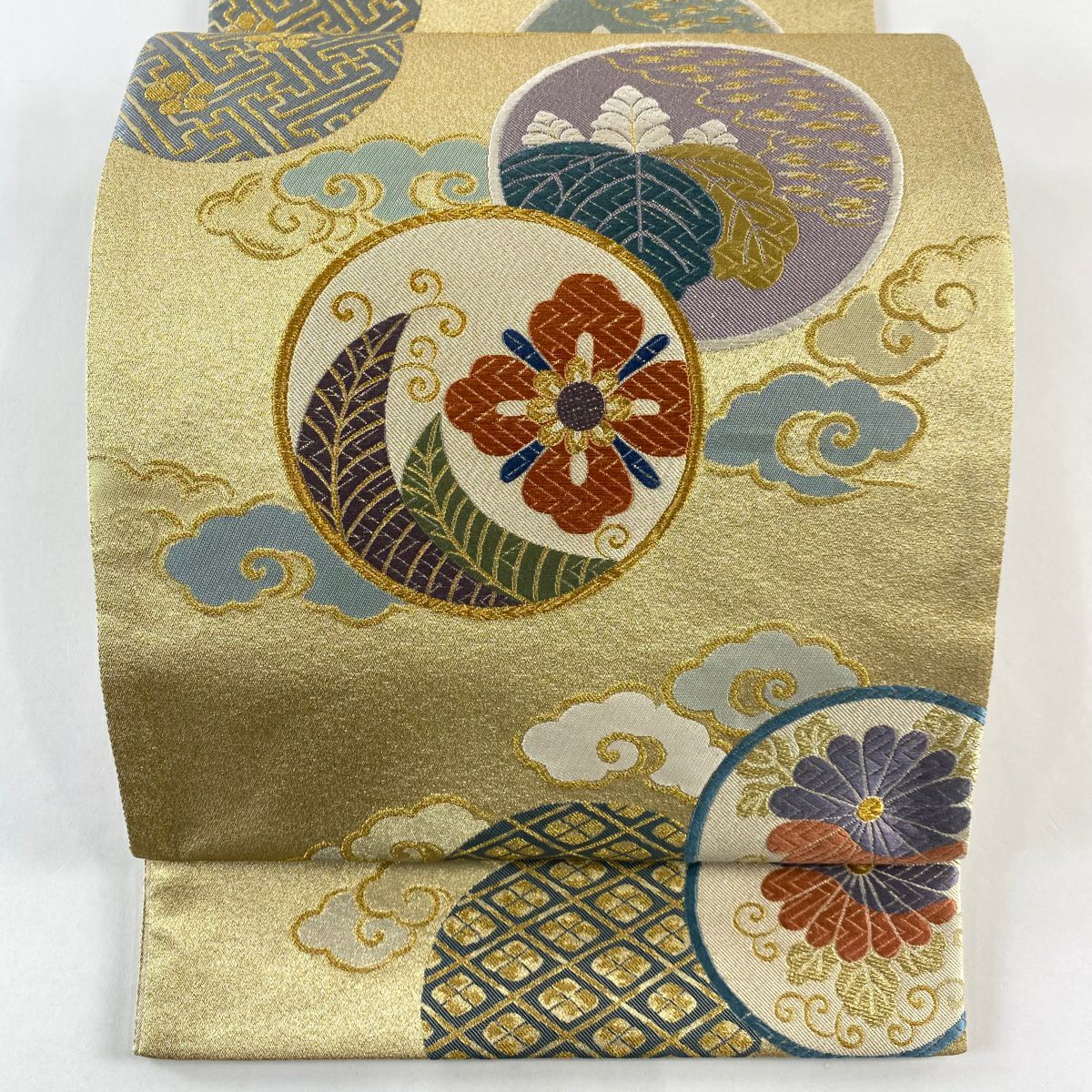 【美品】 袋帶 秀品級 圓文 花菱 金絲 金金箔 金色 六通 純蠶絲