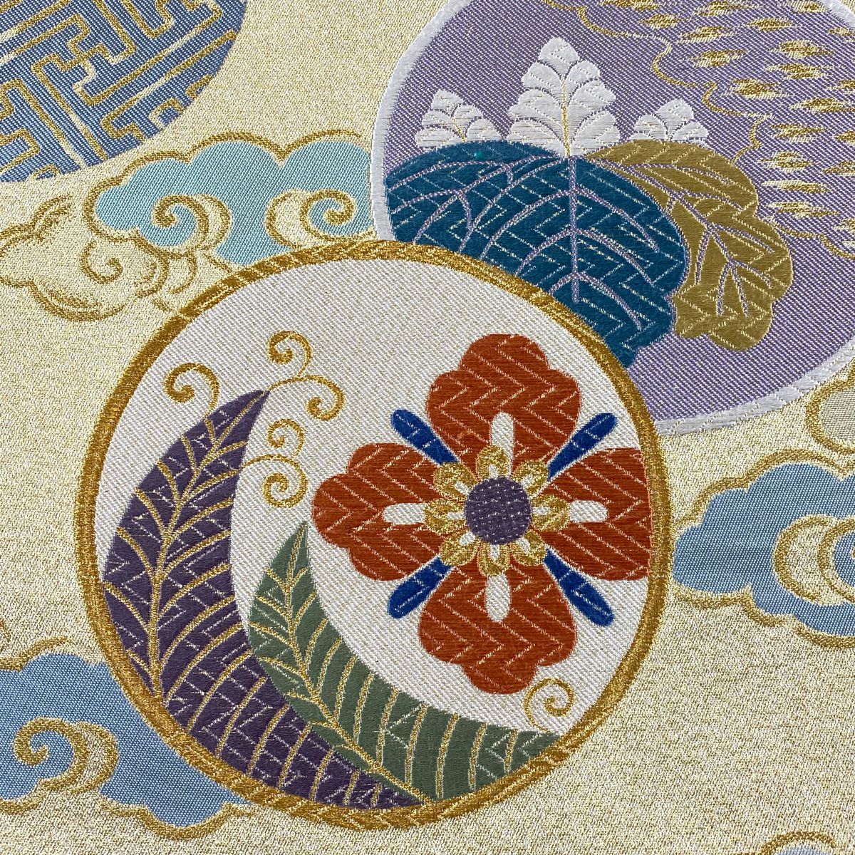 【美品】 袋帶 秀品級 圓文 花菱 金絲 金金箔 金色 六通 純蠶絲
