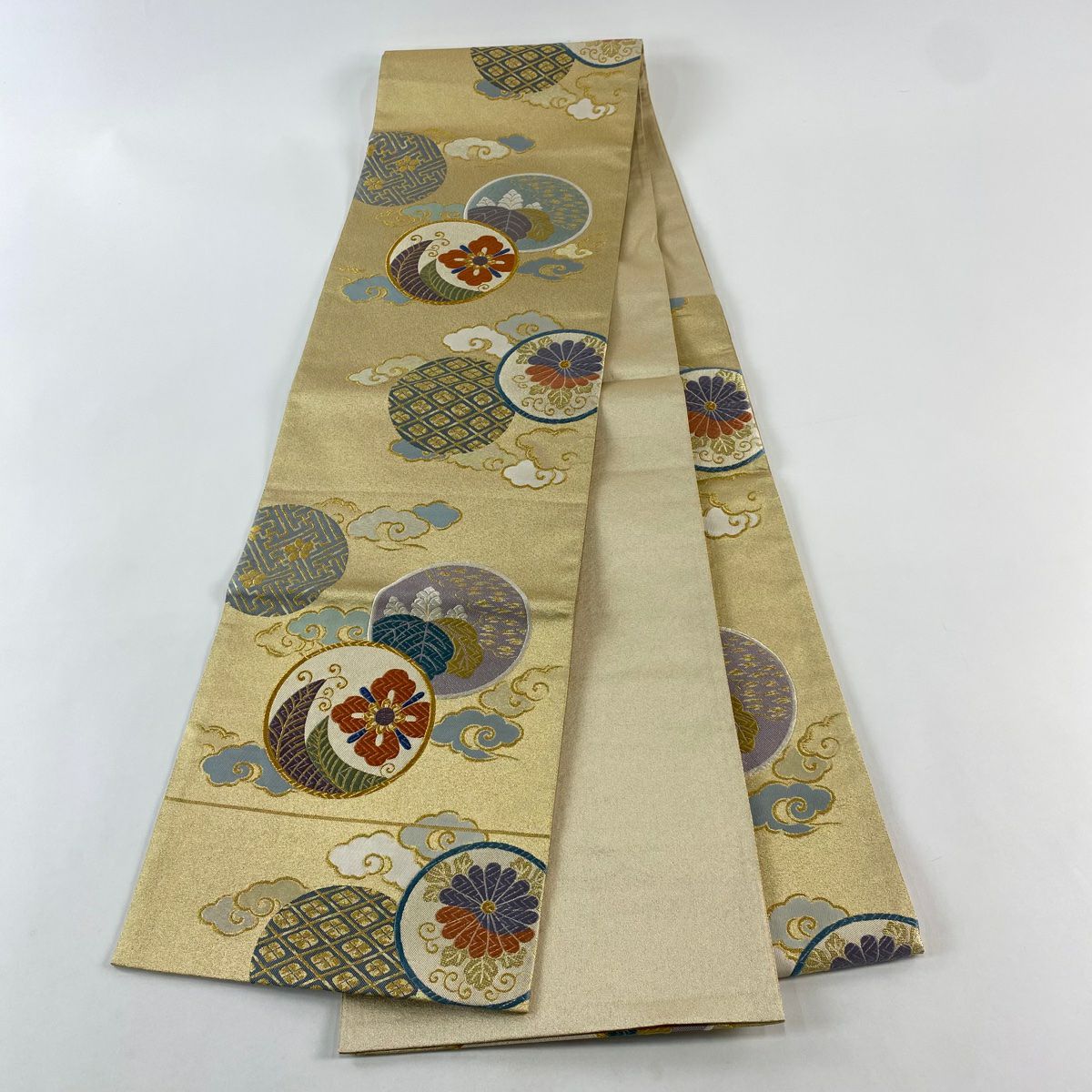 【美品】 袋帶 秀品級 圓文 花菱 金絲 金金箔 金色 六通 純蠶絲