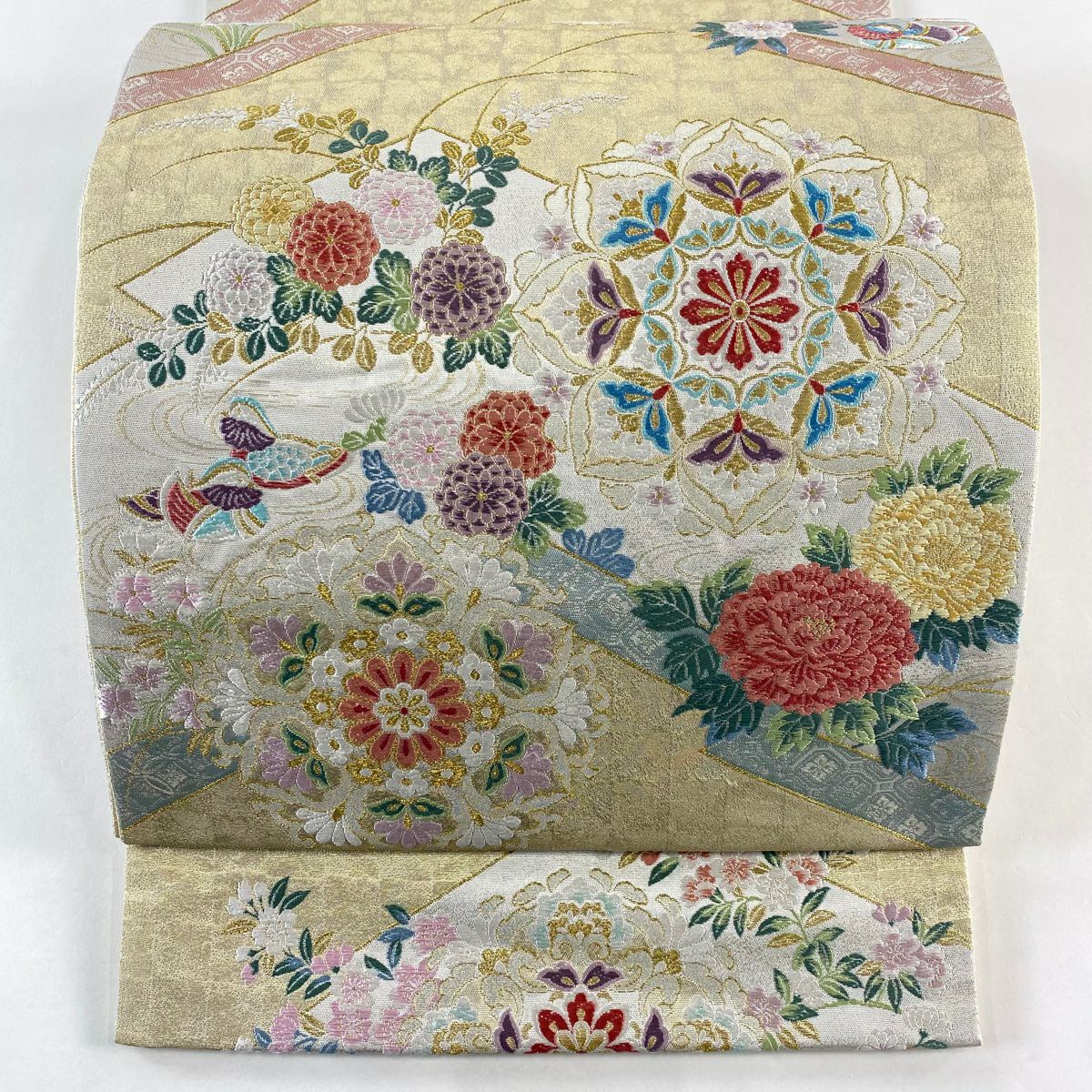 【美品】 袋帶 秀品級 華紋 花鳥 金金箔 金絲 米色 六通 純蠶絲