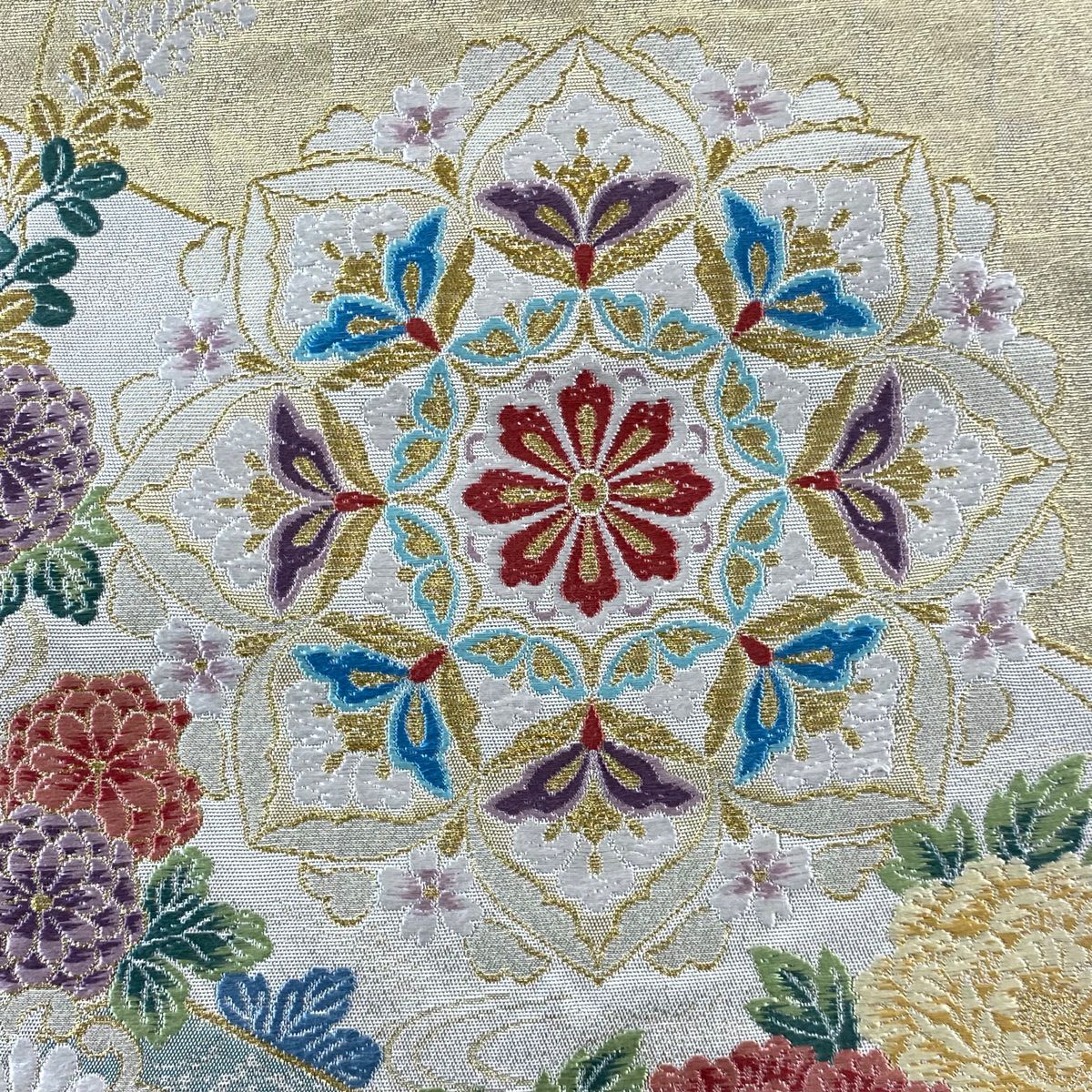 【美品】 袋帶 秀品級 華紋 花鳥 金金箔 金絲 米色 六通 純蠶絲