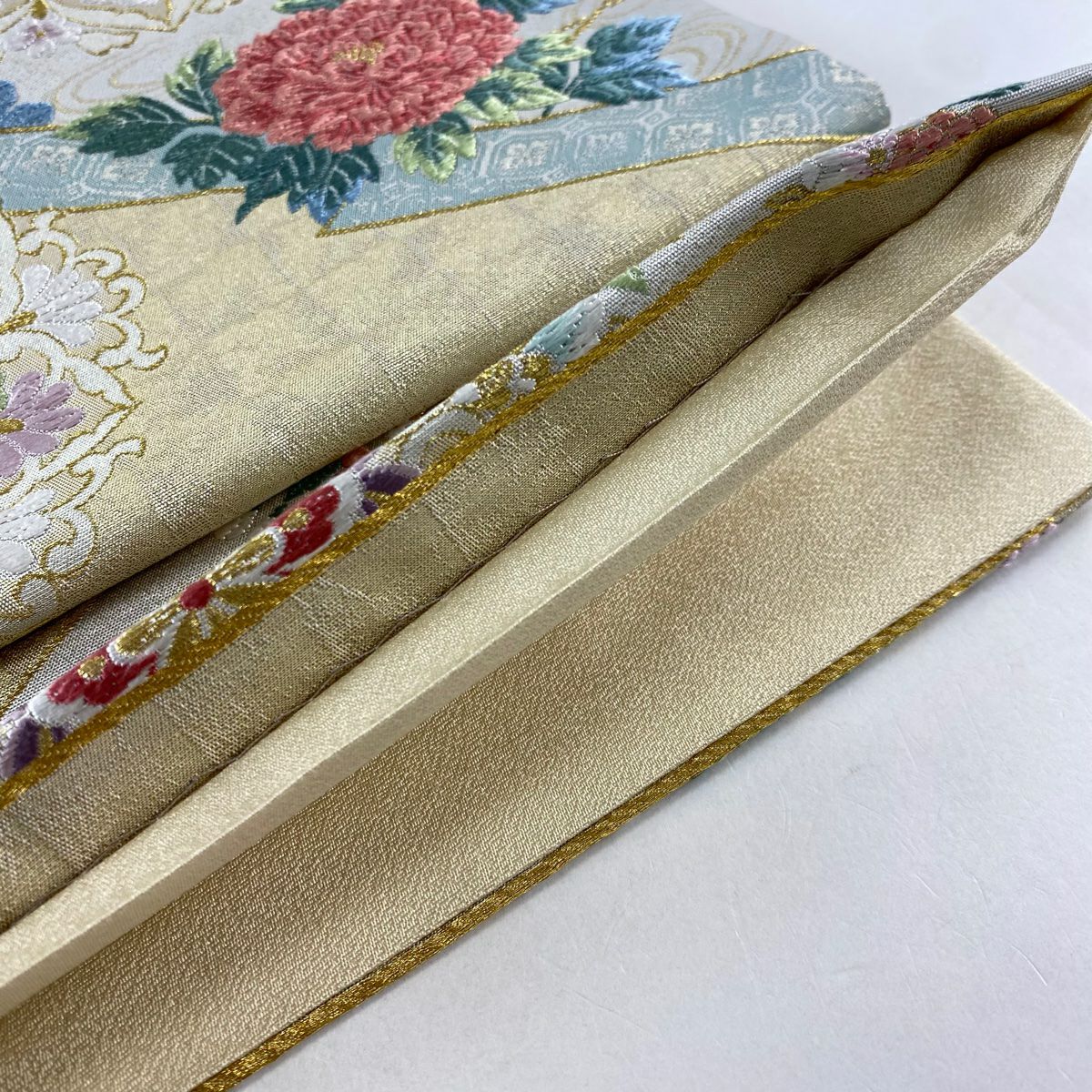 【美品】 袋帶 秀品級 華紋 花鳥 金金箔 金絲 米色 六通 純蠶絲