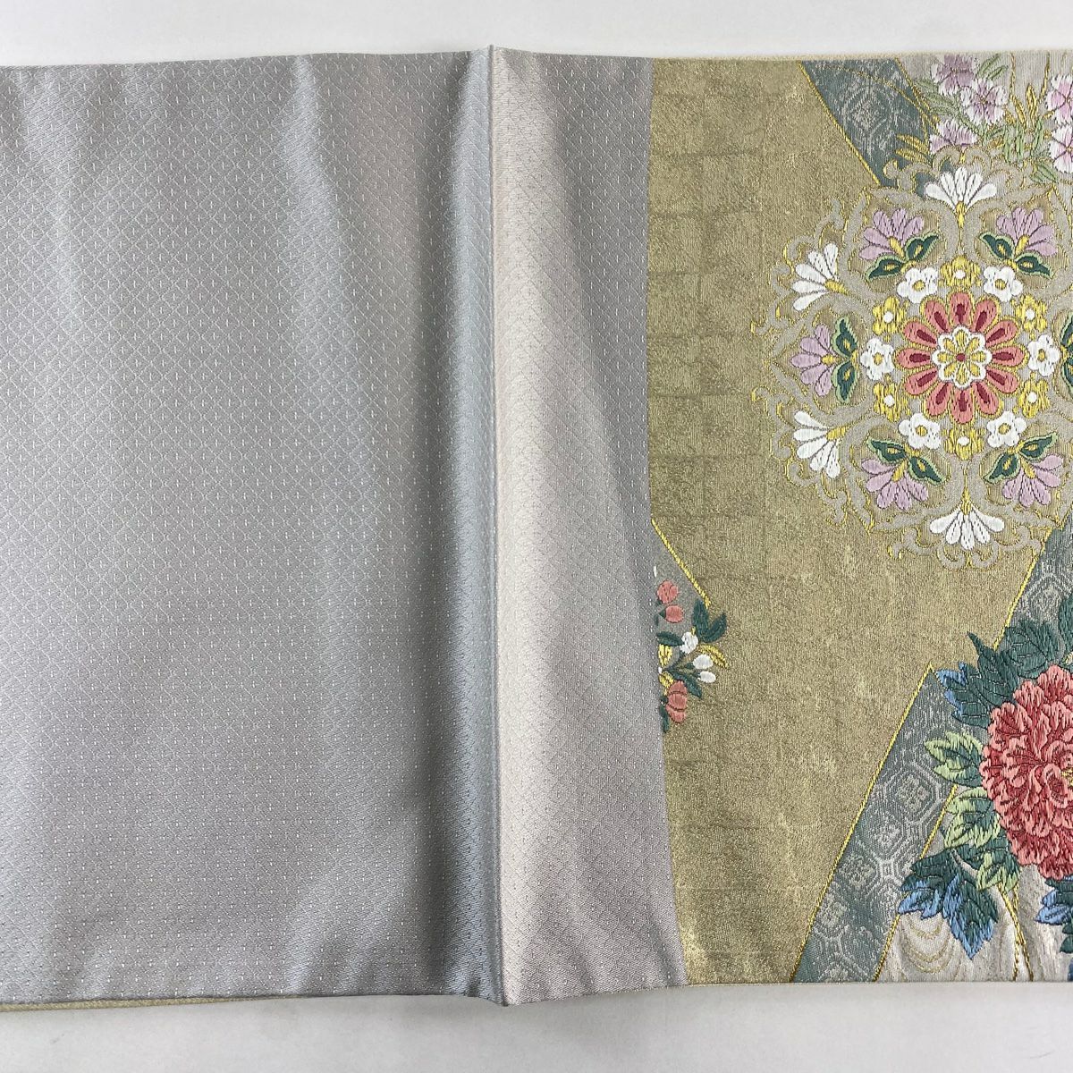 【美品】 袋帶 秀品級 華紋 花鳥 金金箔 金絲 米色 六通 純蠶絲