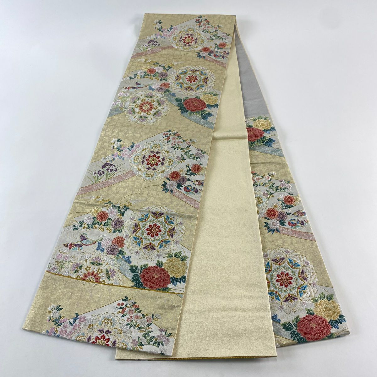 【美品】 袋帶 秀品級 華紋 花鳥 金金箔 金絲 米色 六通 純蠶絲