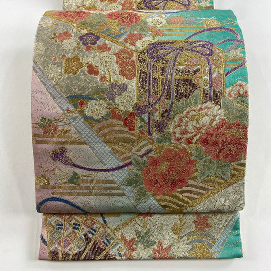 袋帶 秀品級 貝桶 草花紋 金糸 金金箔 綠 六通 純蠶絲