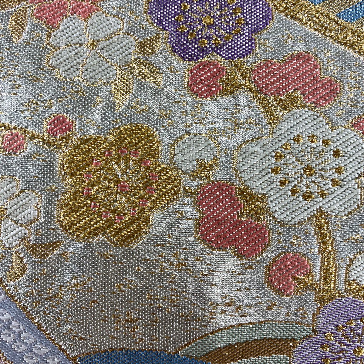 袋帶 秀品級 貝桶 草花紋 金糸 金金箔 綠 六通 純蠶絲