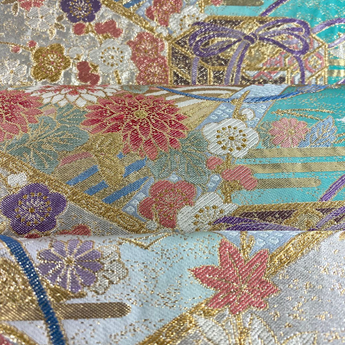 袋帶 秀品級 貝桶 草花紋 金糸 金金箔 綠 六通 純蠶絲