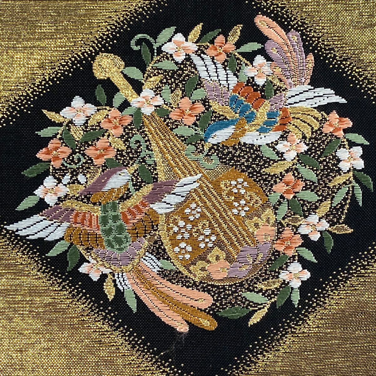 袋帶 秀品級 和樂器 花鳥 金絲 金金箔 金 六通 純蠶絲