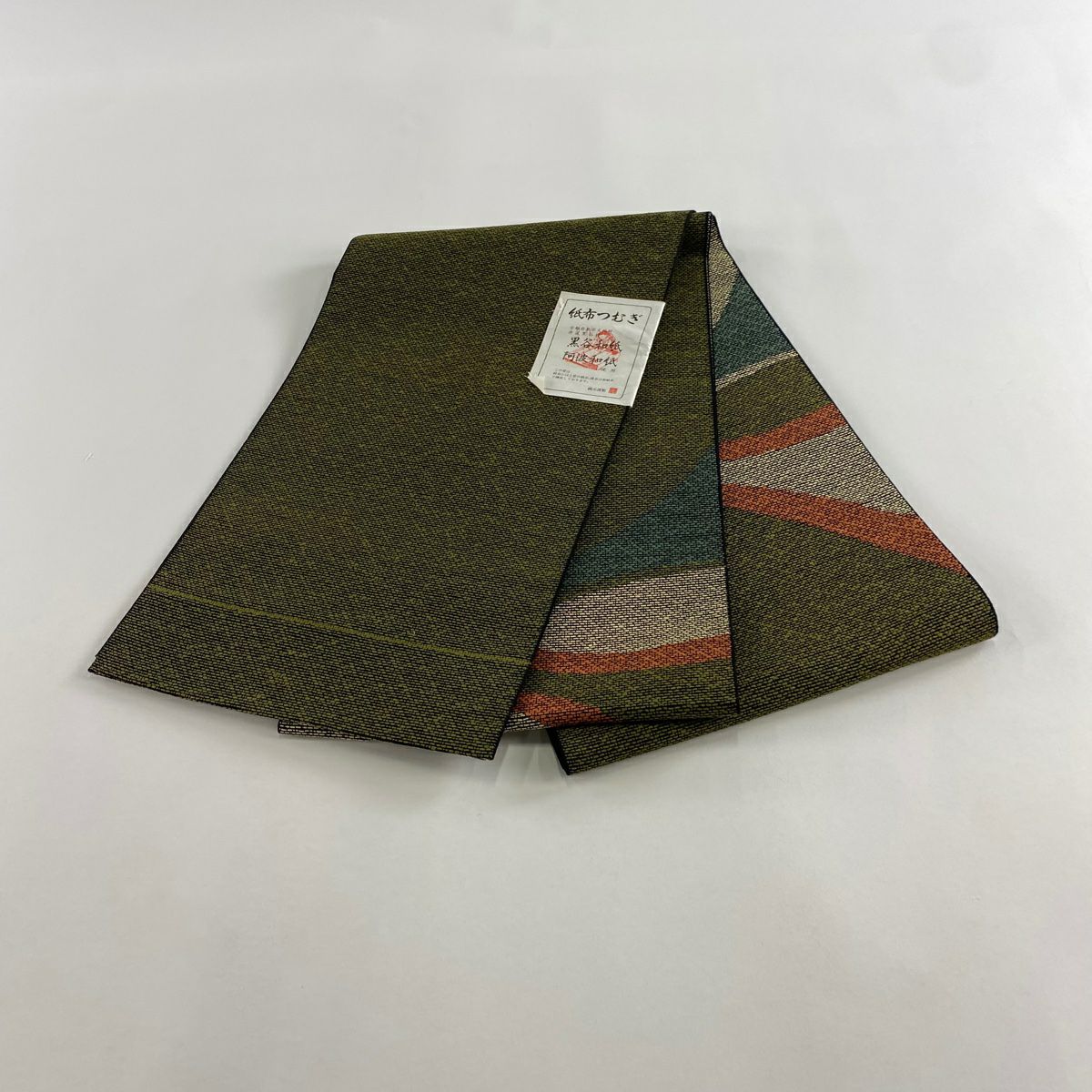【美品】 袋帶 秀品級 幾何學 茶綠 お太鼓圖案 純蠶絲