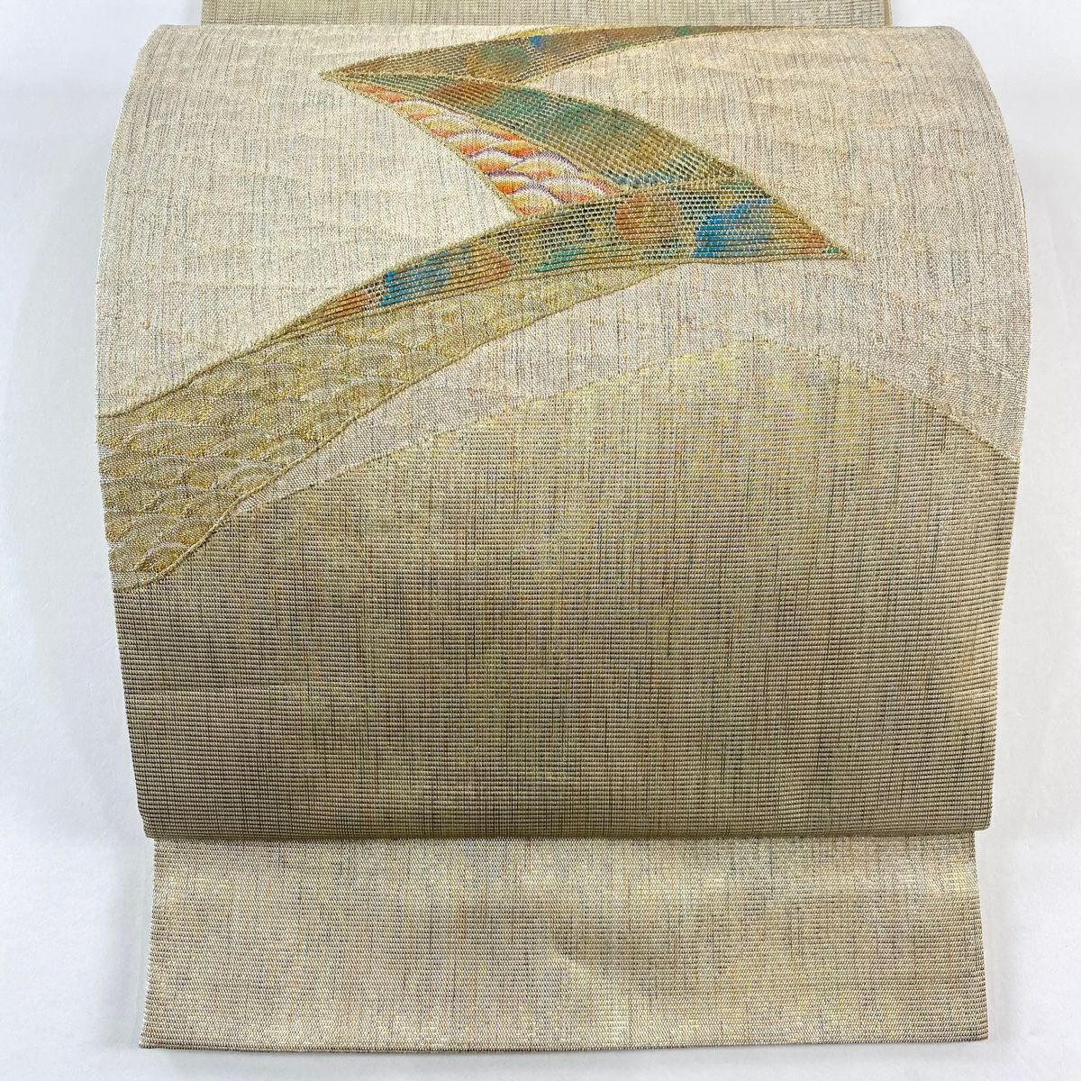 【美品】 袋帶 秀品級 幾何圖案 青海波 金銀線 金金箔 金色 大鼓圖案 純蠶絲