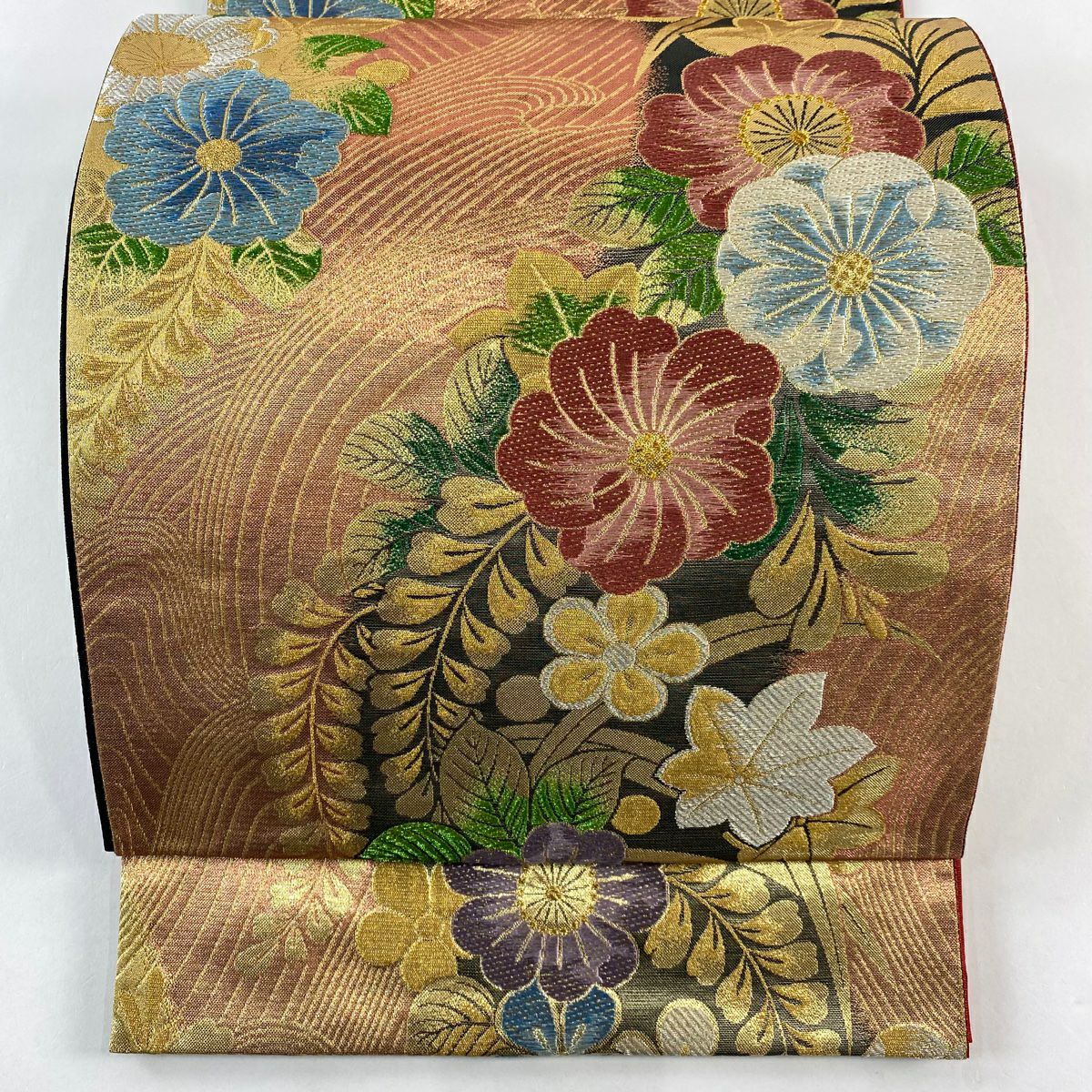 【美品】 袋帶 秀品級 草花紋紋 波 金金箔 金銀彩 朱 純蠶絲