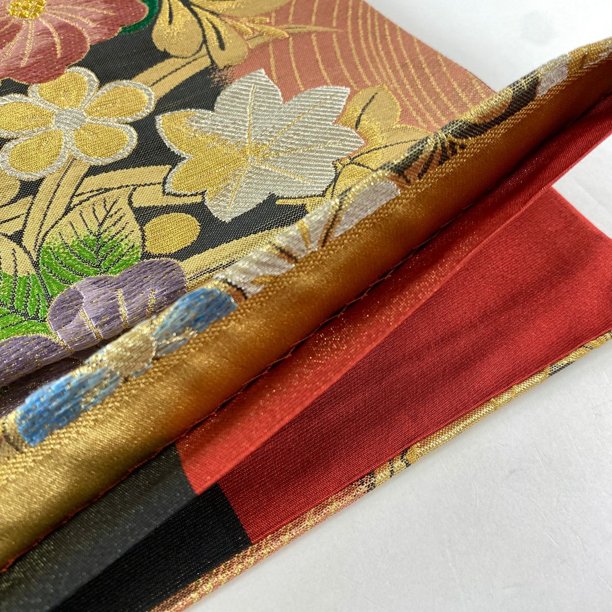 【美品】 袋帶 秀品級 草花紋紋 波 金金箔 金銀彩 朱 純蠶絲