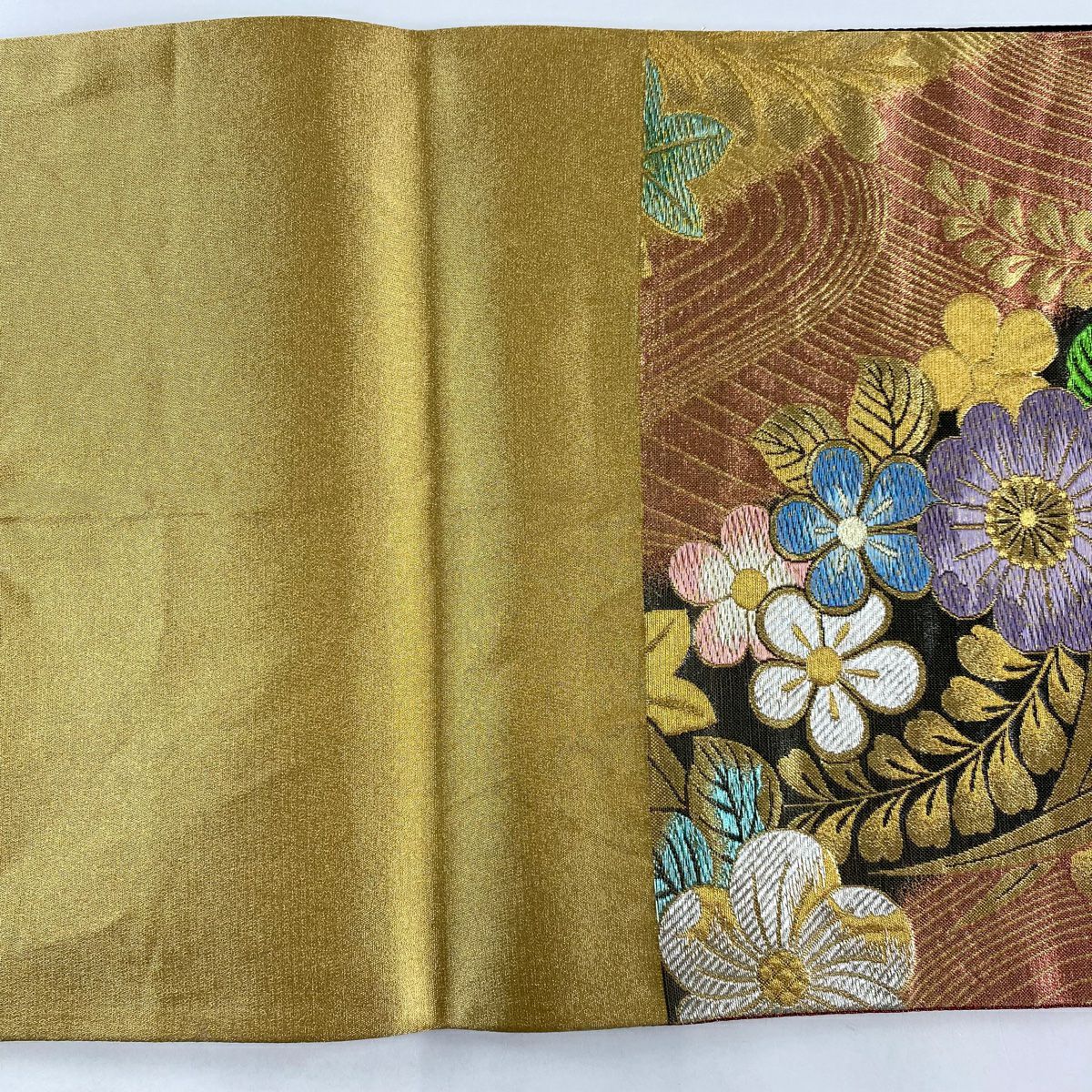 【美品】 袋帶 秀品級 草花紋紋 波 金金箔 金銀彩 朱 純蠶絲