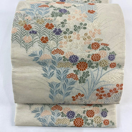 袋帶 秀品級 夏帶 絽 秋草 金銀彩 刺繡 奶油 六通 純蠶絲