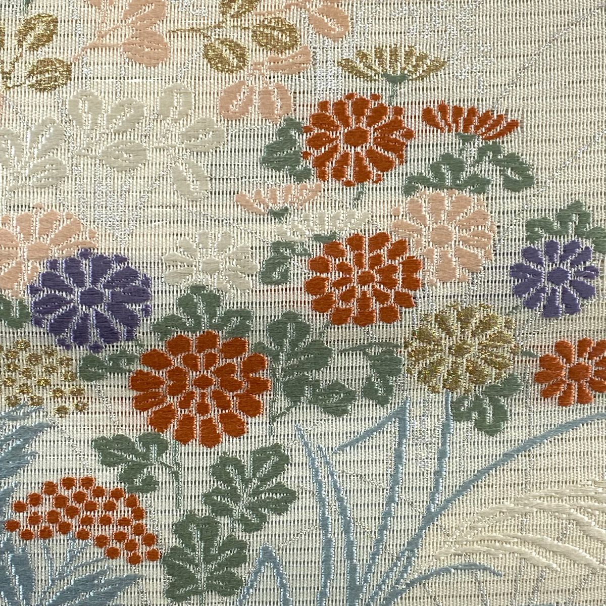 袋帶 秀品級 夏帶 絽 秋草 金銀彩 刺繡 奶油 六通 純蠶絲