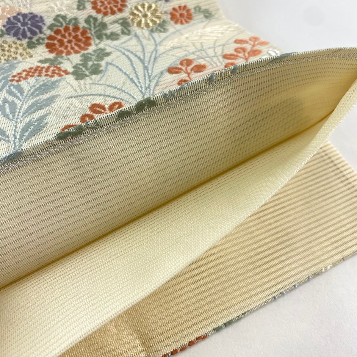 袋帶 秀品級 夏帶 絽 秋草 金銀彩 刺繡 奶油 六通 純蠶絲