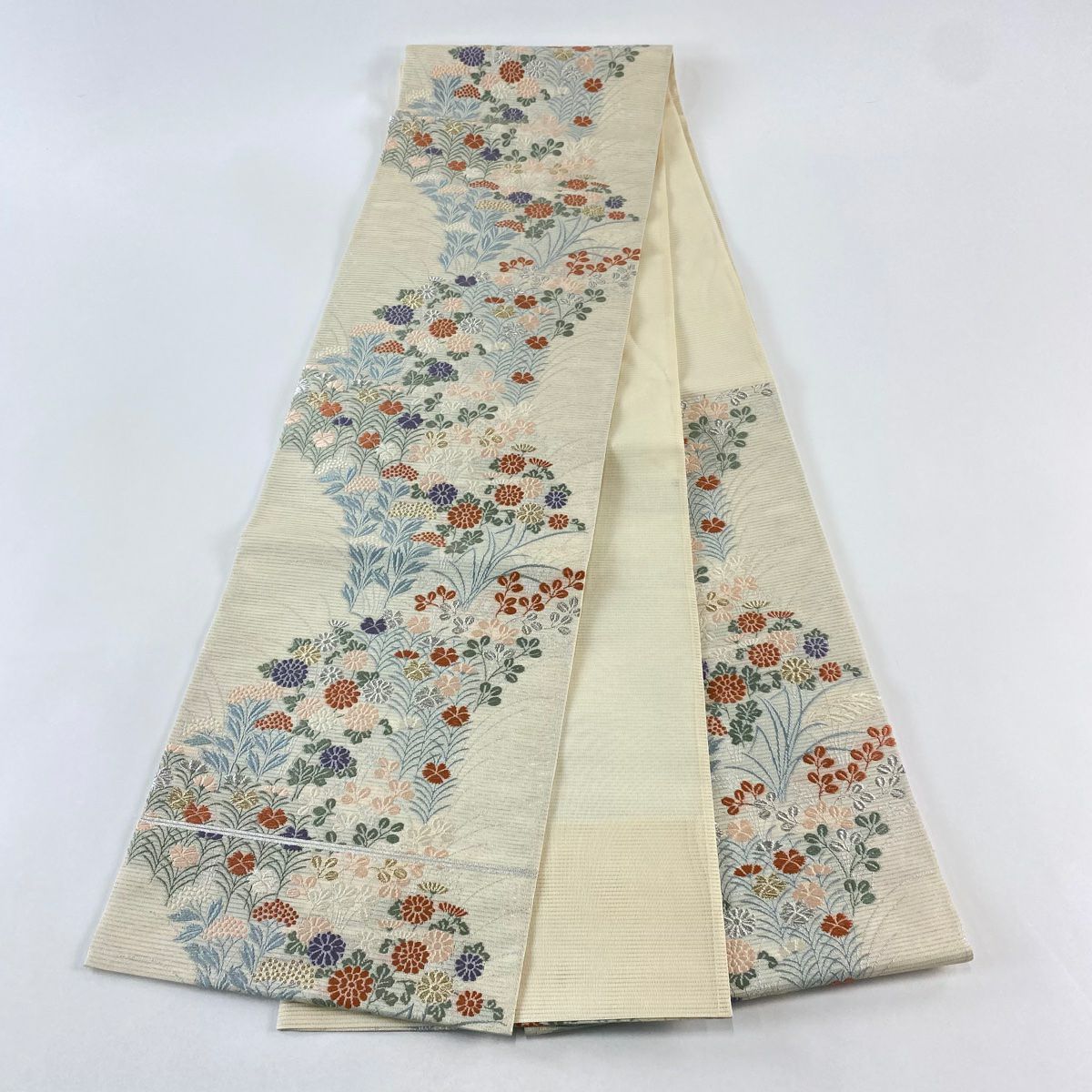 袋帶 秀品級 夏帶 絽 秋草 金銀彩 刺繡 奶油 六通 純蠶絲