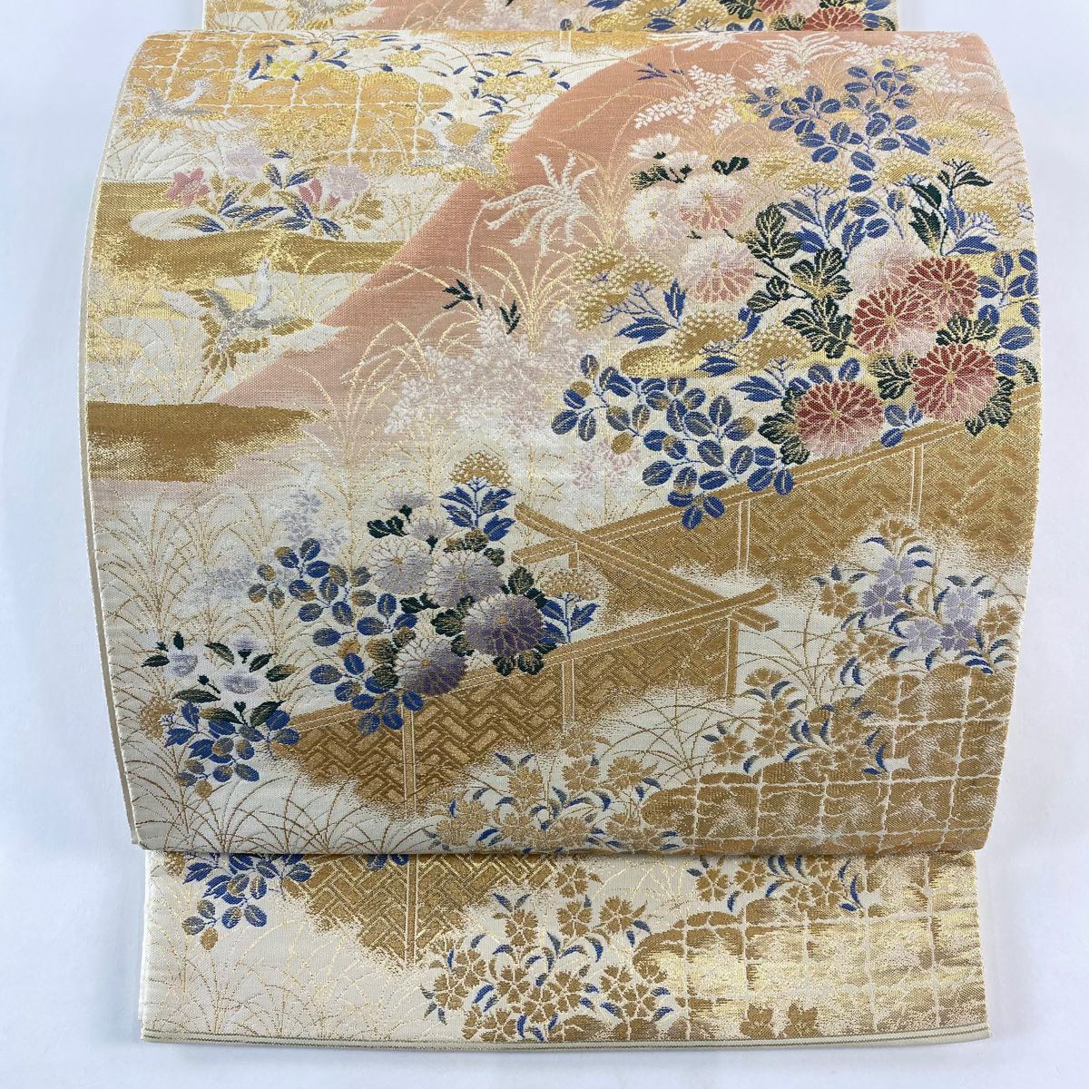 袋帶 秀品級 關西仕立 雜草 仙鶴 金金箔 金銀彩 米色 六通 純蠶絲