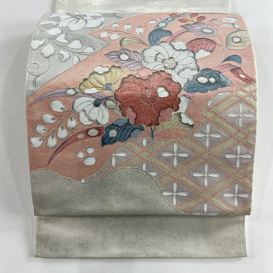 【美品】 袋帶 優品級 辻花染圖案 菱形 金銀線 金金箔 灰白色 大鼓圖案 純蠶絲