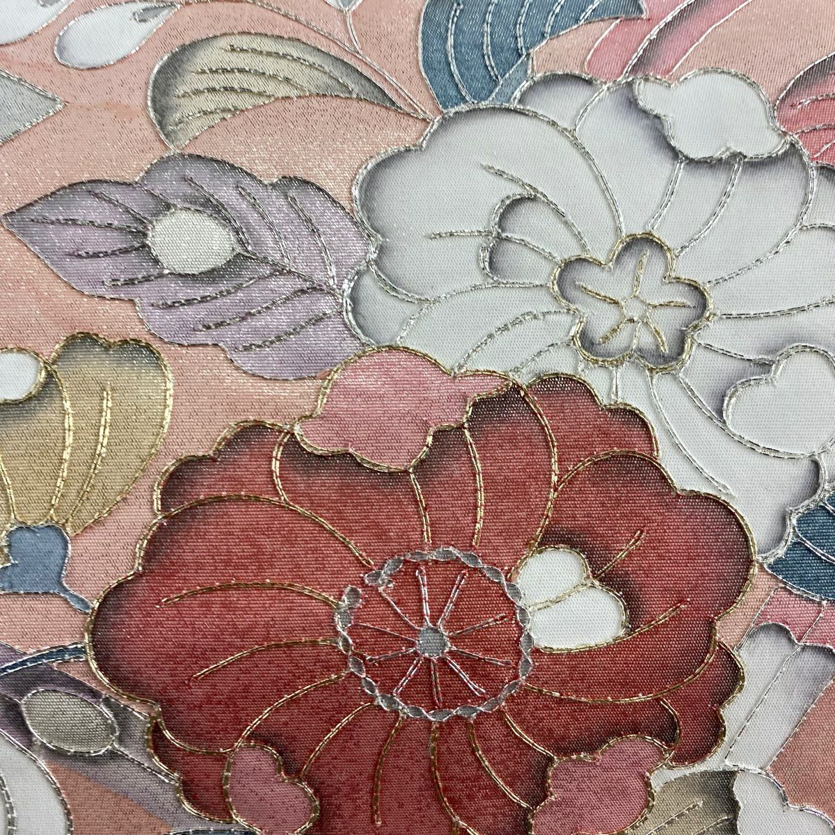 【美品】 袋帶 優品級 辻花染圖案 菱形 金銀線 金金箔 灰白色 大鼓圖案 純蠶絲