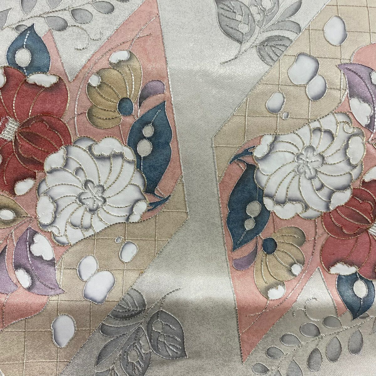 【美品】 袋帶 優品級 辻花染圖案 菱形 金銀線 金金箔 灰白色 大鼓圖案 純蠶絲