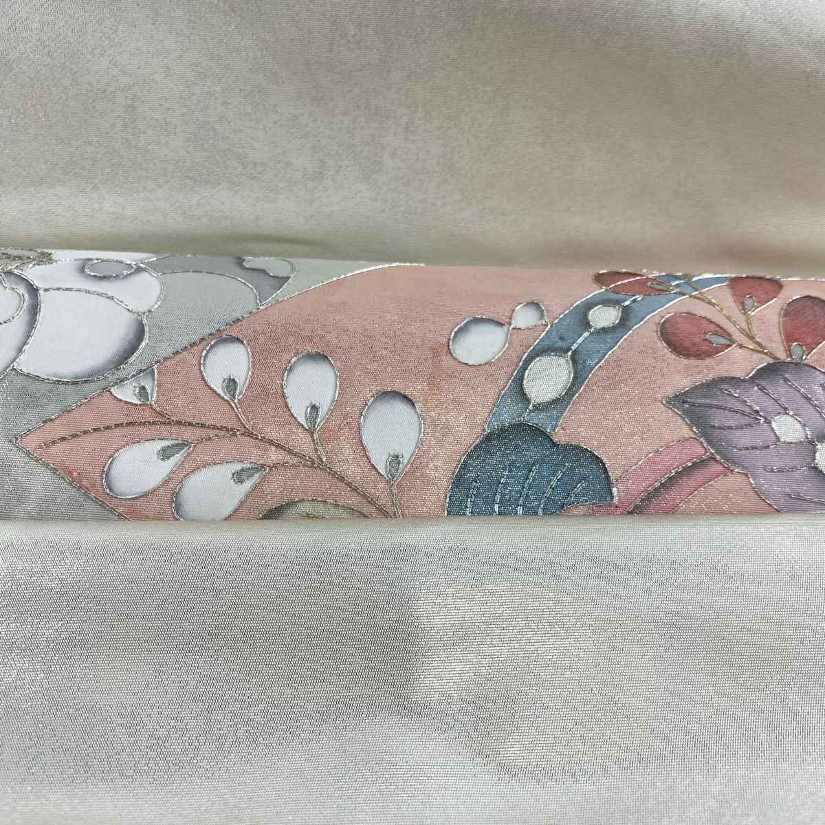 【美品】 袋帶 優品級 辻花染圖案 菱形 金銀線 金金箔 灰白色 大鼓圖案 純蠶絲