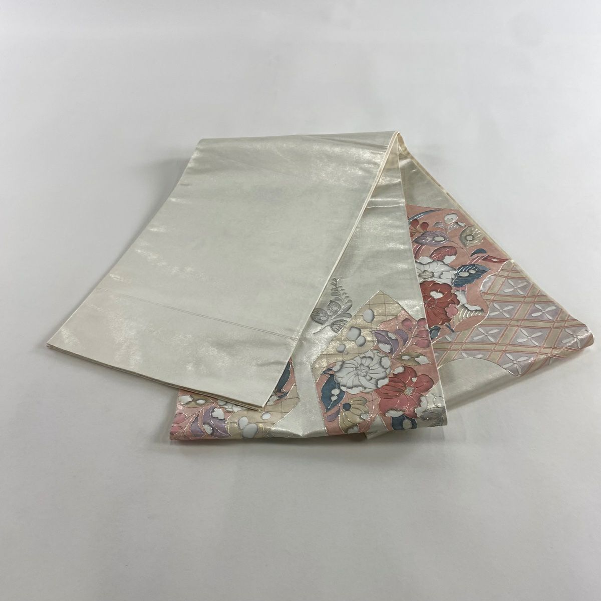 【美品】 袋帶 優品級 辻花染圖案 菱形 金銀線 金金箔 灰白色 大鼓圖案 純蠶絲