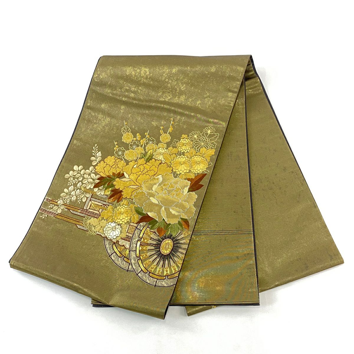【美品】 袋帶 秀品級 關西仕立 花車 牡丹 金金箔 刺繡 金茶 大鼓圖案 純蠶絲