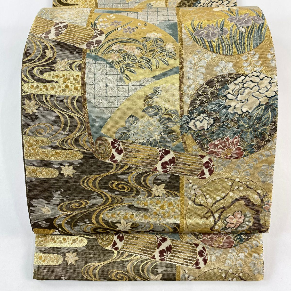【美品】 袋帶 秀品級 草花紋 流水 金金箔 金絲 金色 六通 純蠶絲