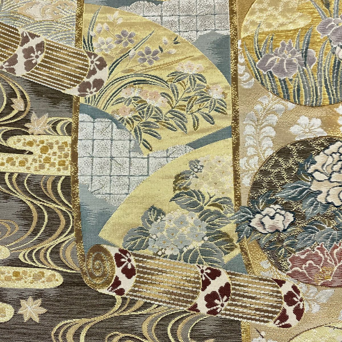 【美品】 袋帶 秀品級 草花紋 流水 金金箔 金絲 金色 六通 純蠶絲
