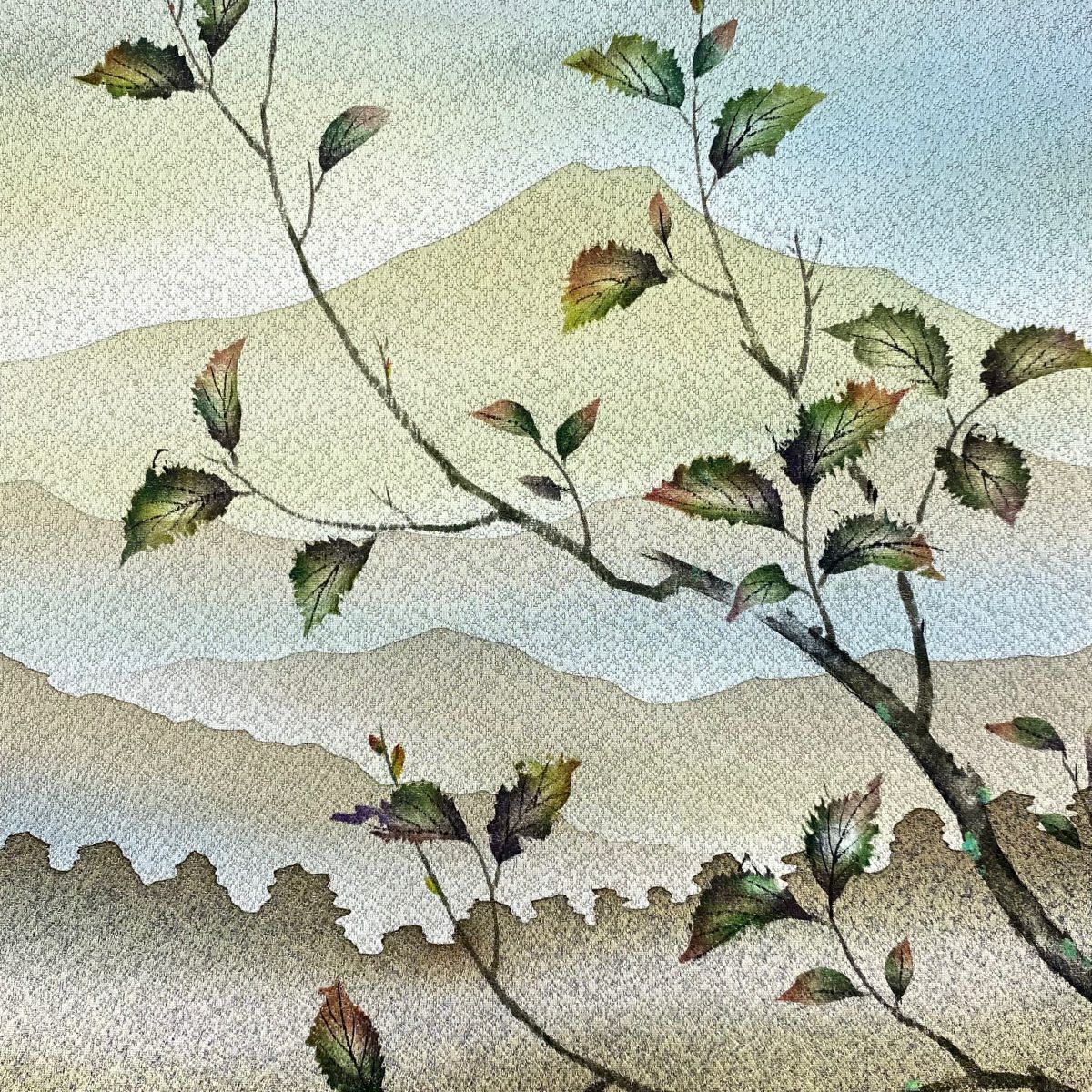 【美品】 袋帶 秀品級 附有落款 樹木 遠山 銀糸 茶綠 お太鼓圖案 純蠶絲