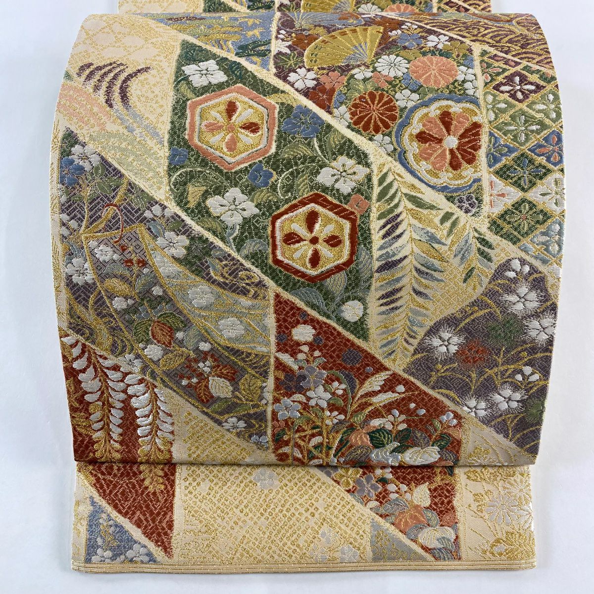 【美品】 袋帶 秀品級 證書齊全 桃山小袖石畳紋 草花紋 短冊 金金箔 金絲 米色 六通 純蠶絲