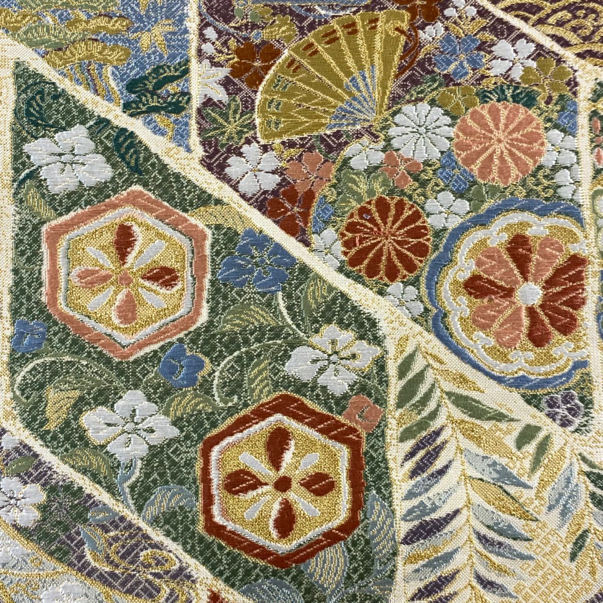 【美品】 袋帶 秀品級 證書齊全 桃山小袖石畳紋 草花紋 短冊 金金箔 金絲 米色 六通 純蠶絲