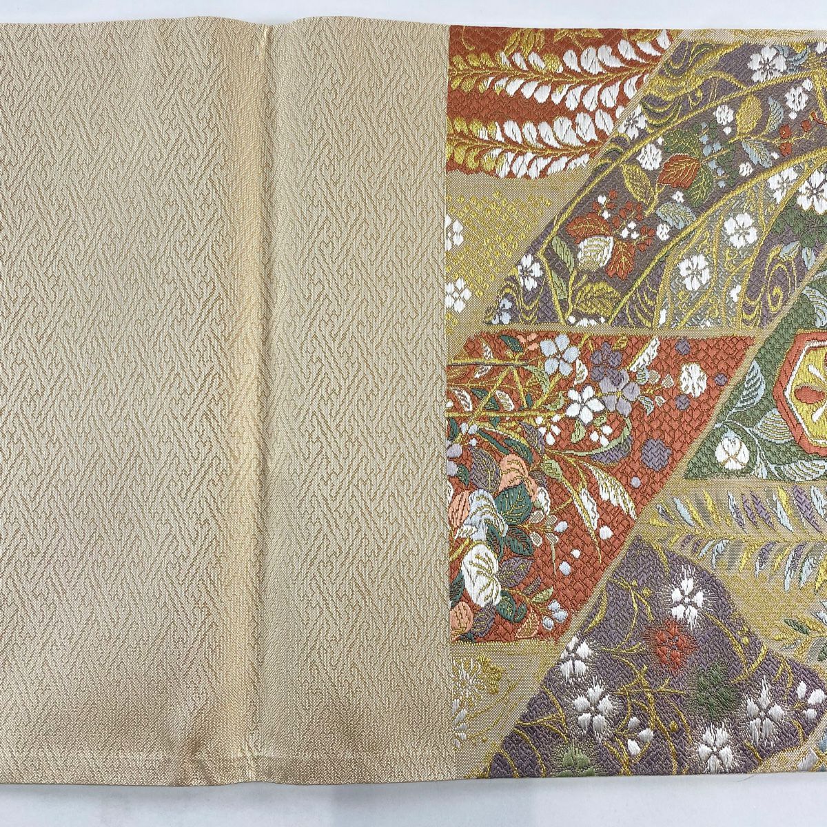 【美品】 袋帶 秀品級 證書齊全 桃山小袖石畳紋 草花紋 短冊 金金箔 金絲 米色 六通 純蠶絲