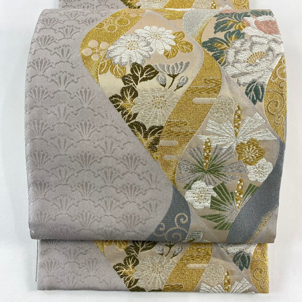 【美品】 袋帶 秀品級 吉祥開運花 金銀糸 金金箔 灰紫 六通 純蠶絲