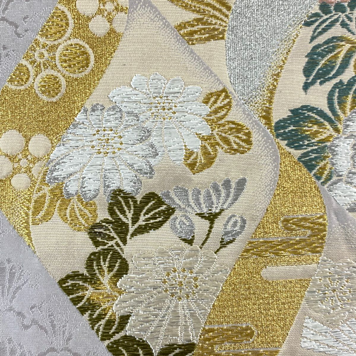 【美品】 袋帶 秀品級 吉祥開運花 金銀糸 金金箔 灰紫 六通 純蠶絲
