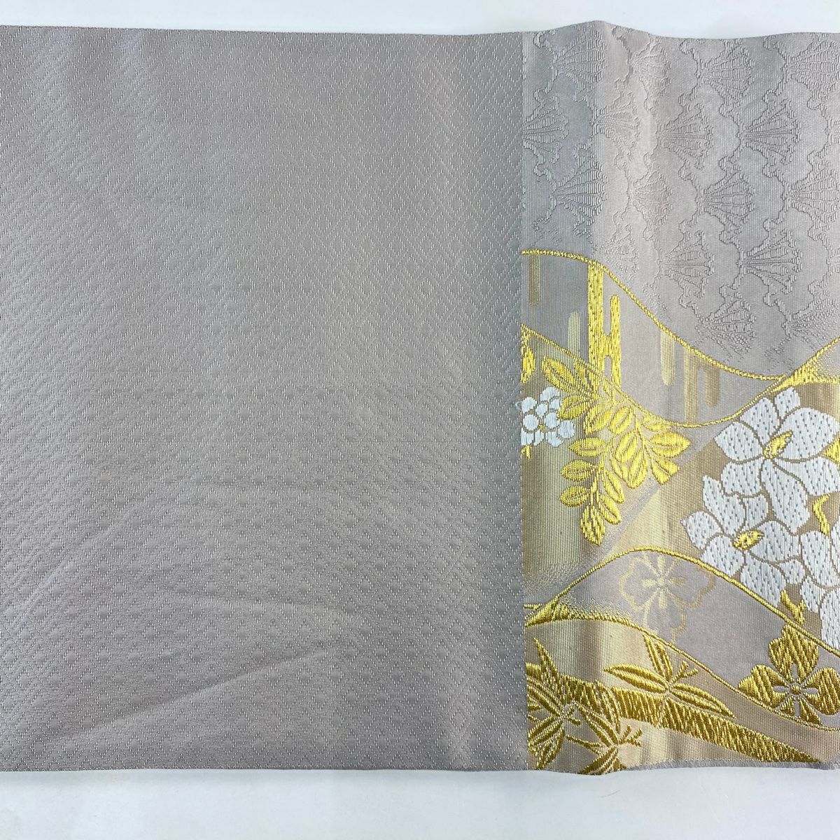 【美品】 袋帶 秀品級 吉祥開運花 金銀糸 金金箔 灰紫 六通 純蠶絲