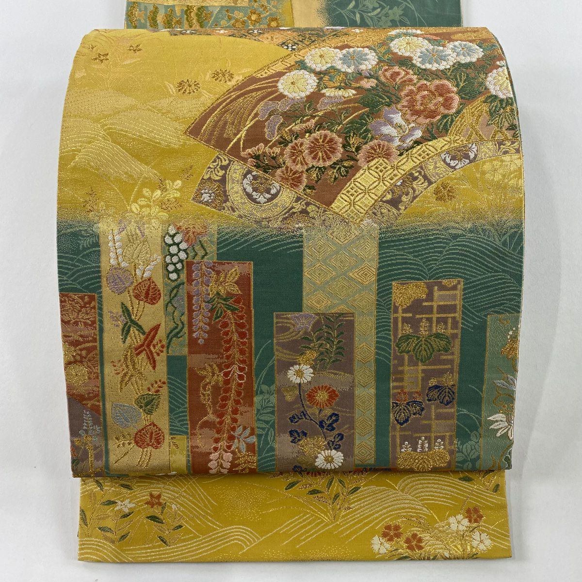 【美品】 袋帶 秀品級 扇子面 短冊 金絲 金金箔 黃土 茶色 正蠶絲