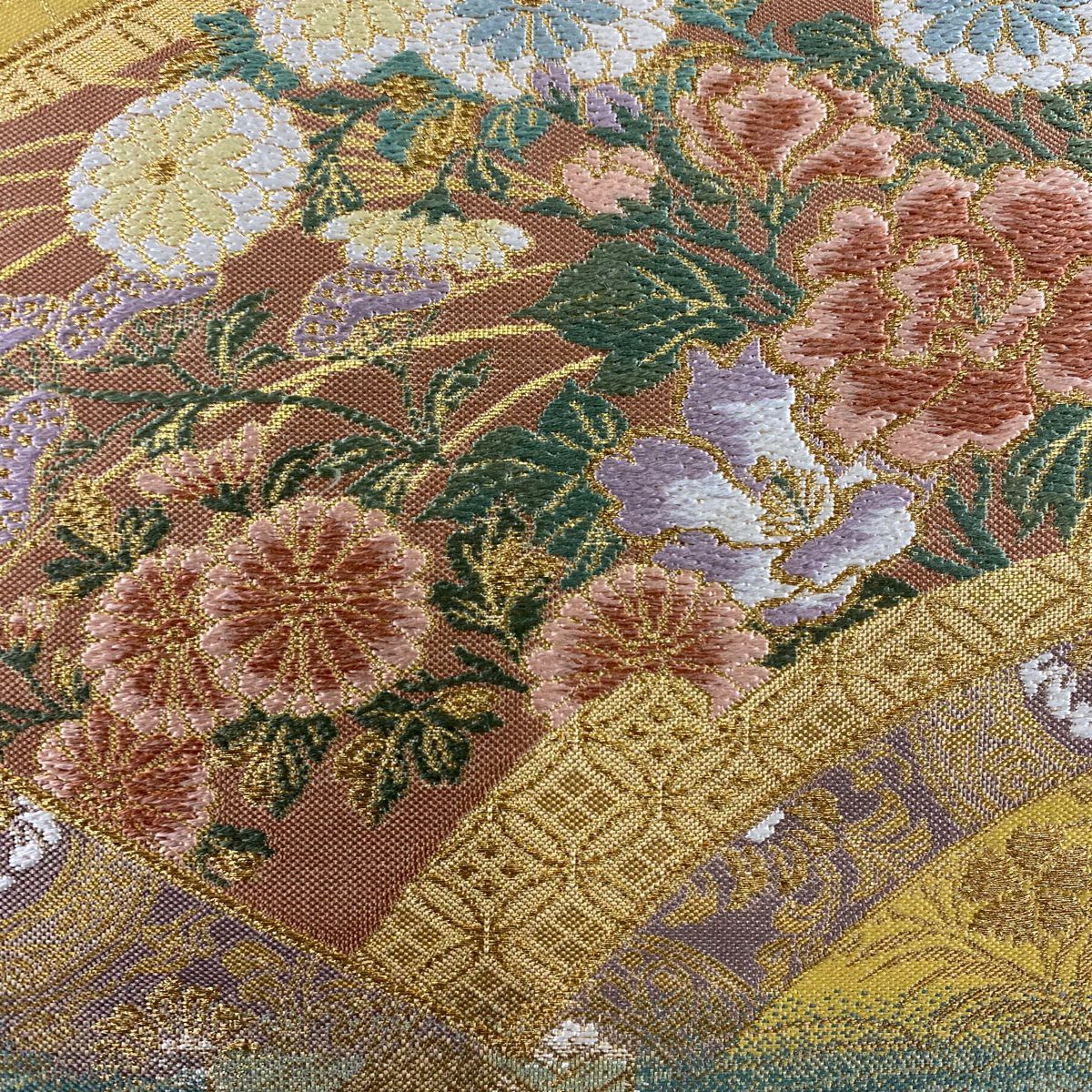 【美品】 袋帶 秀品級 扇子面 短冊 金絲 金金箔 黃土 茶色 正蠶絲