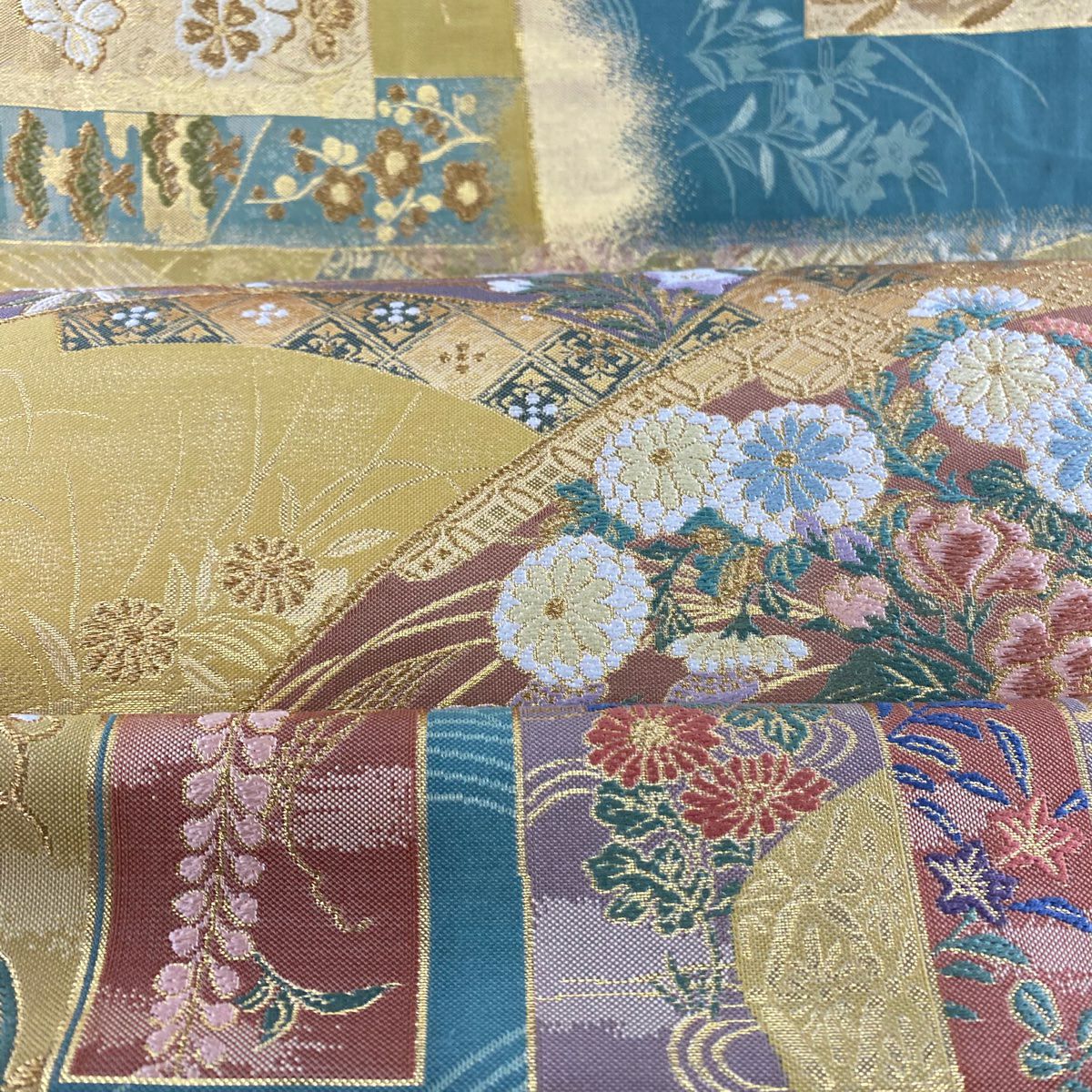 【美品】 袋帶 秀品級 扇子面 短冊 金絲 金金箔 黃土 茶色 正蠶絲