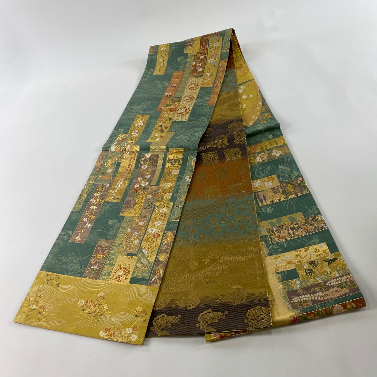 【美品】 袋帶 秀品級 扇子面 短冊 金絲 金金箔 黃土 茶色 正蠶絲