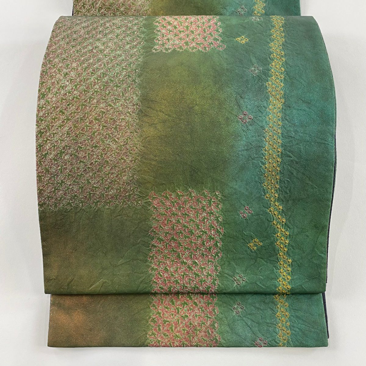 【美品】 袋帶 秀品級 幾何圖案 金彩裝飾 深綠 六通 純蠶絲