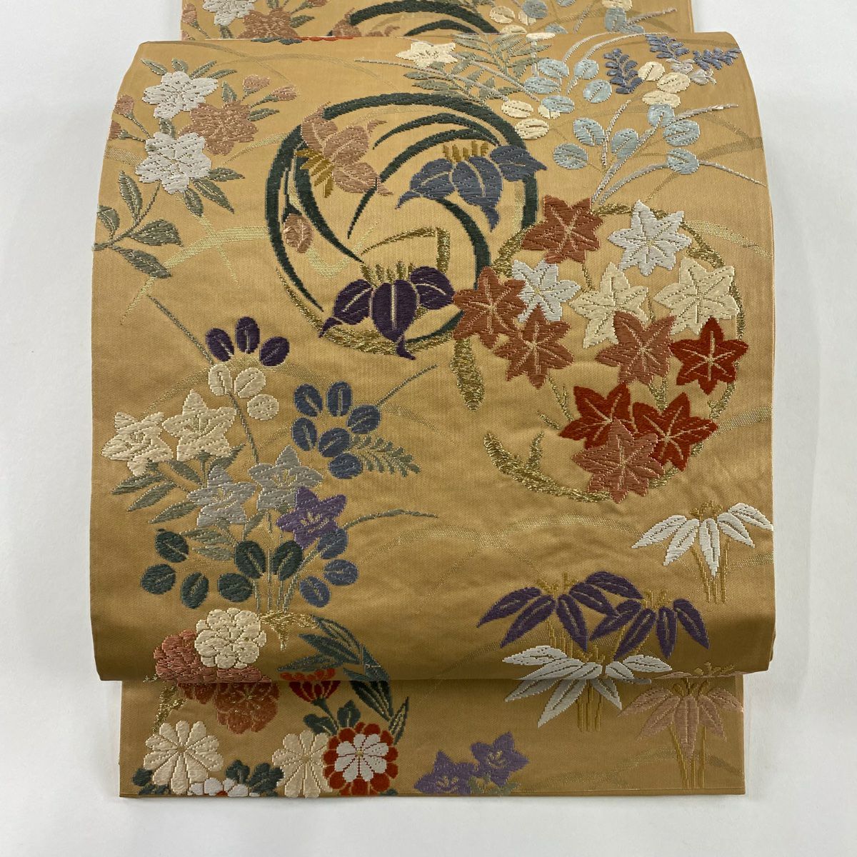 袋帶 秀品級 關西仕立 雜織錦 秋草 花丸紋 刺繡 金線 淺茶 六通 純蠶絲