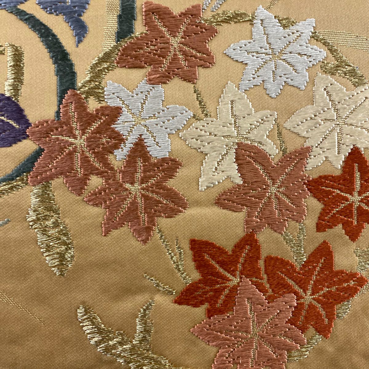 袋帶 秀品級 關西仕立 雜織錦 秋草 花丸紋 刺繡 金線 淺茶 六通 純蠶絲