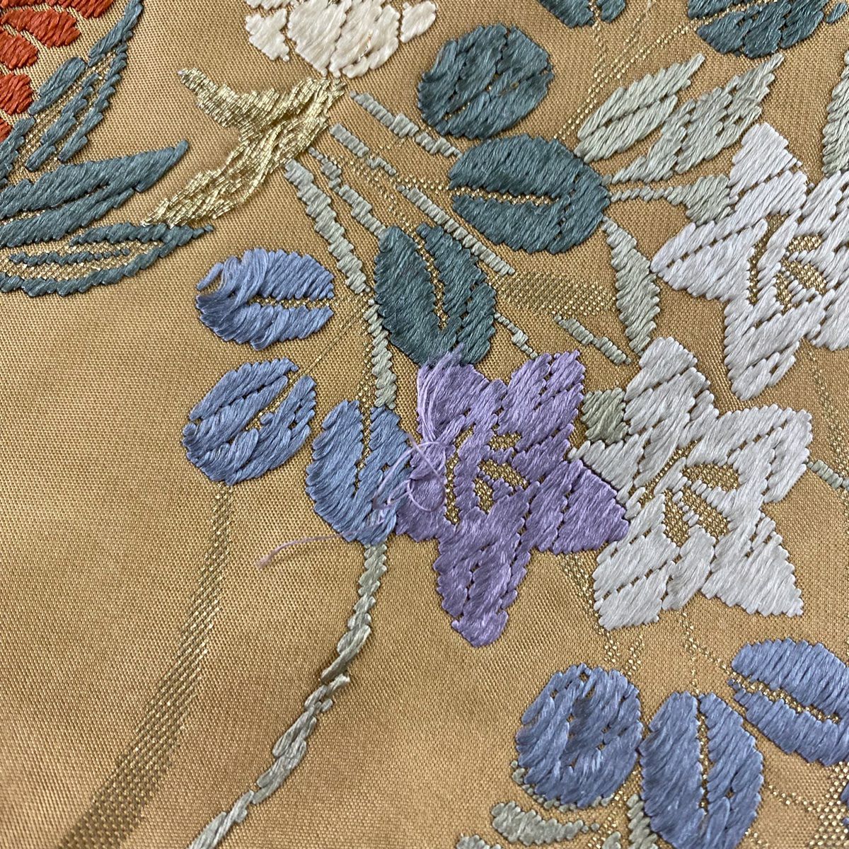 袋帶 秀品級 關西仕立 雜織錦 秋草 花丸紋 刺繡 金線 淺茶 六通 純蠶絲