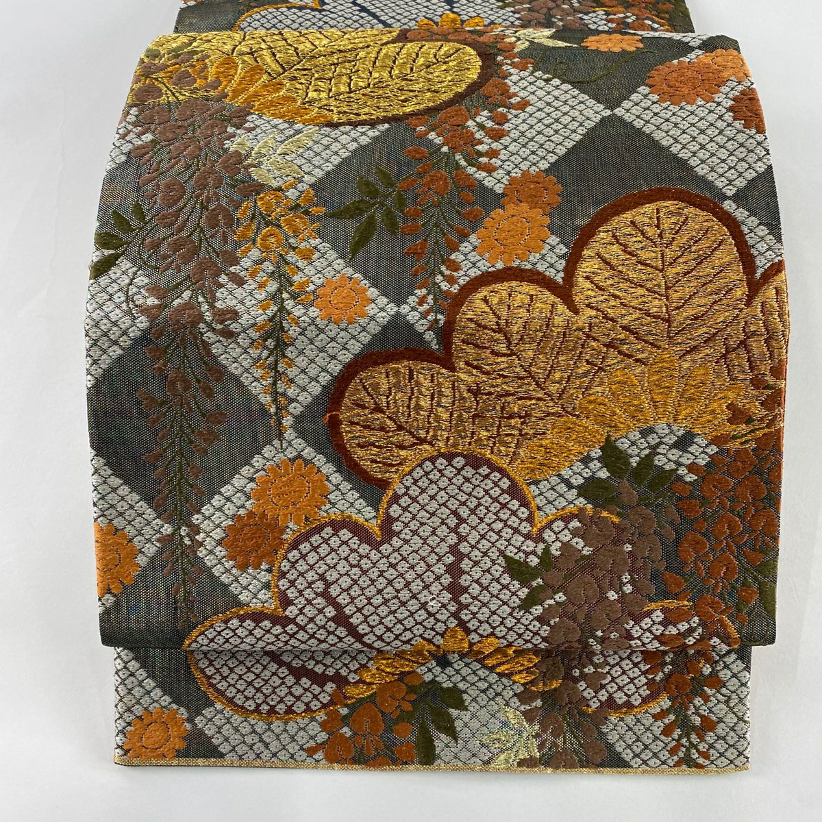 袋帶 秀品級 關西仕立 雨松樹 藤 刺繡 金線 灰色 六通 純蠶絲