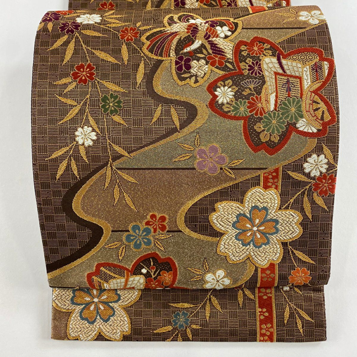 【美品】 袋帶 秀品級櫻花 御所車 刺繡 金線 焦茶 六通 純蠶絲
