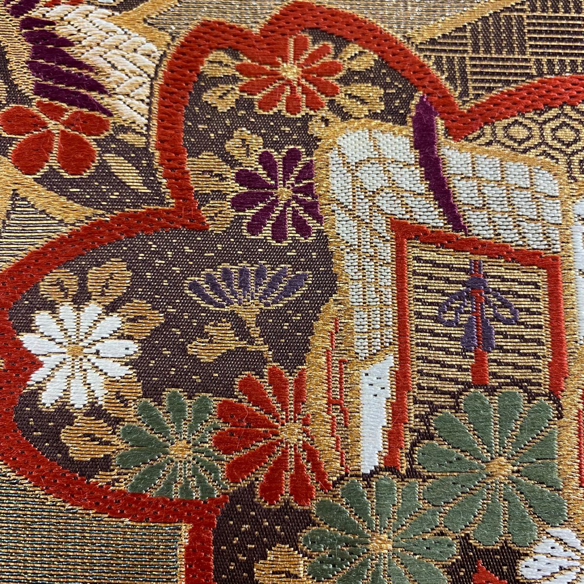 【美品】 袋帶 秀品級櫻花 御所車 刺繡 金線 焦茶 六通 純蠶絲