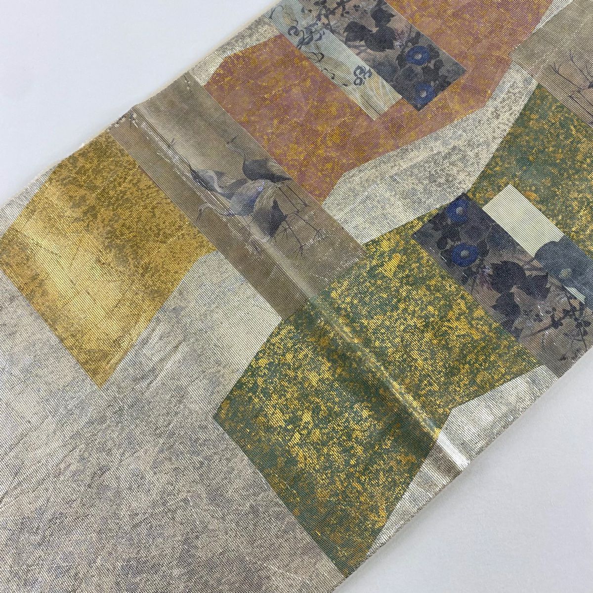 【美品】 袋帶 秀品級 草花紋紋 文字文 螺鈿金金箔 金金箔 銀 お太鼓柄 純蠶絲