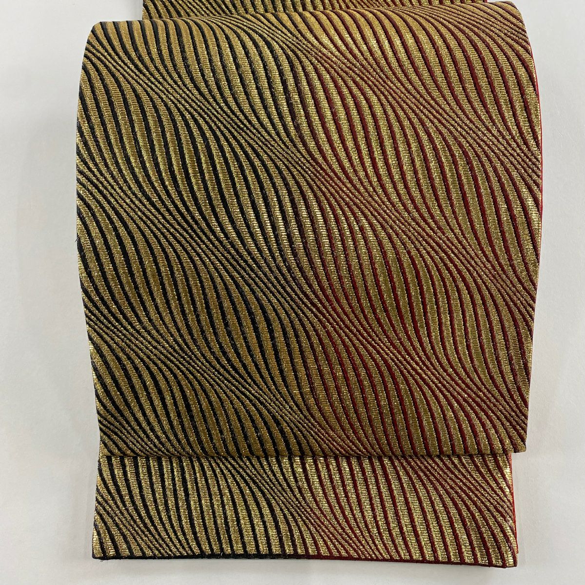 【美品】 袋帶 秀品級 斜條紋 金金箔 金色 全通 純蠶絲